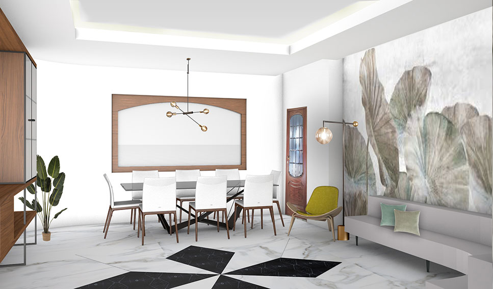 render di esempio per la scelta colori e materiali del living